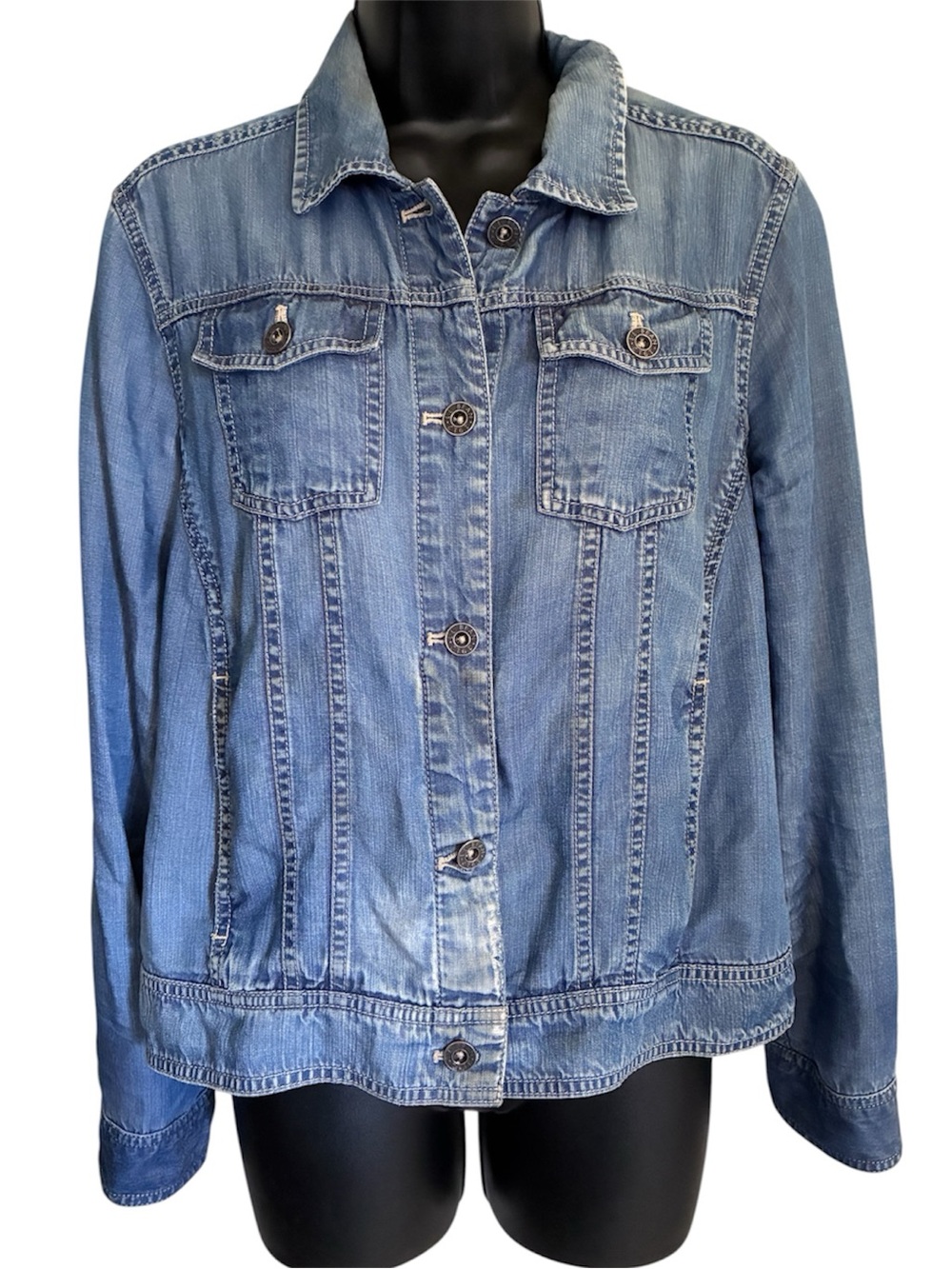 L.L. Bean Coastal Cowgirl Western Distressed Blue Denim Chore Jacket Sz S